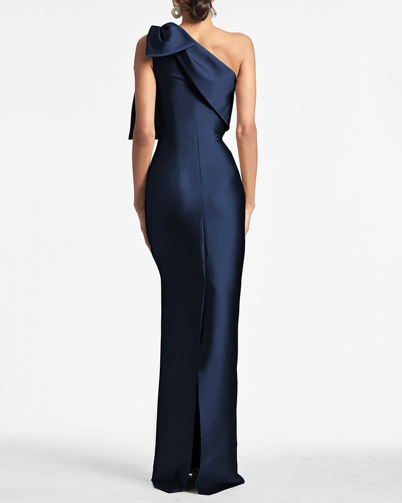Satin One-Shoulder Column Formal Dress with Elegant Bow