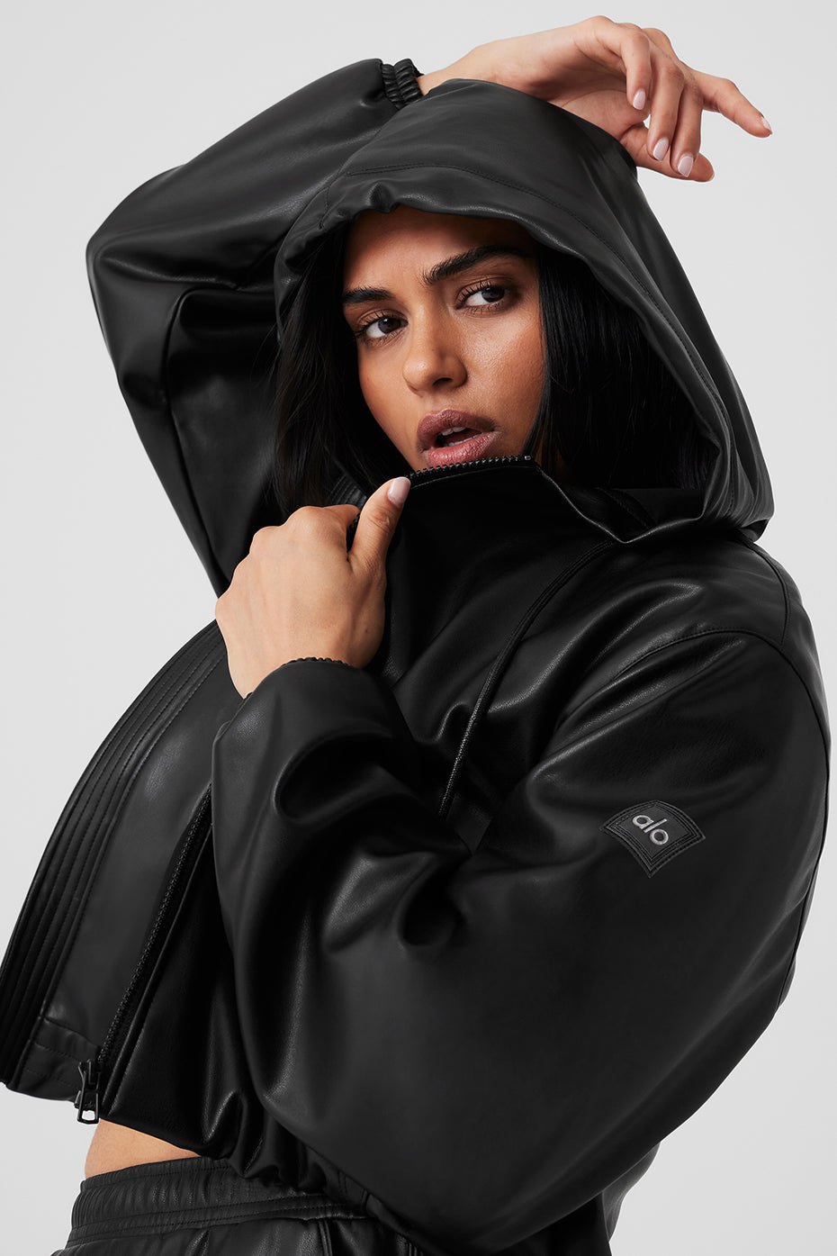 Faux Leather Power Hour Full Zip Cropped Jacket - Black