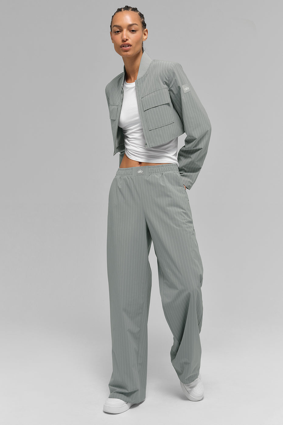 Cropped Pinstripe Main Character Full Zip Jacket - Lunar Grey/White