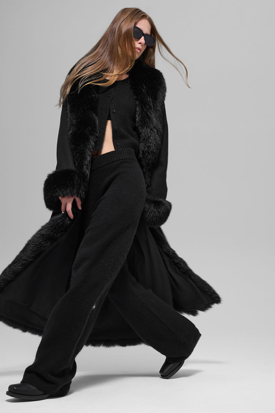 Faux Fur Trimmed Longline Coat - Black