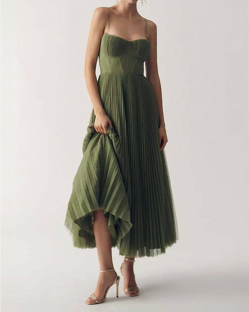 (Clean Up) Corset Pleated Tulle Fit & Flare Midi Dress