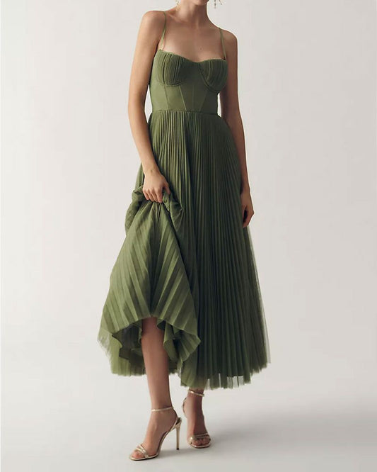 (Clean Up) Corset Pleated Tulle Fit & Flare Midi Dress
