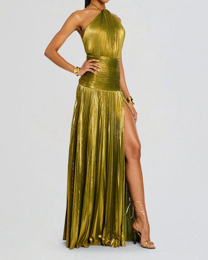 Metallic Peridot Halter Neck Gown