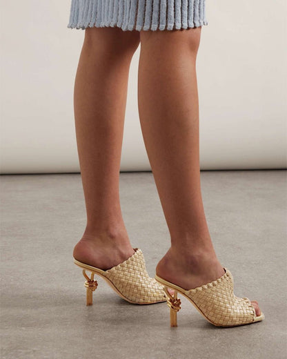 Gold Knot Heel Mules Woven High Heel Pumps