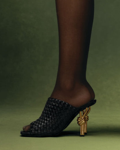 Gold Knot Heel Mules Woven High Heel Pumps
