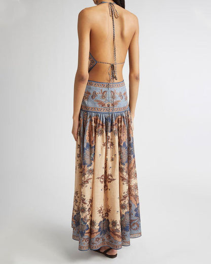 Paisley Floral Bohemian Halter Neck Maxi Dress