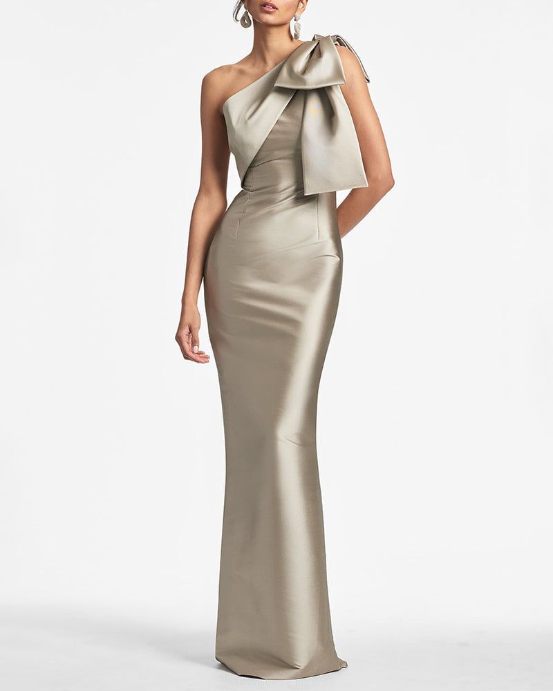 Satin One-Shoulder Column Formal Dress with Elegant Bow
