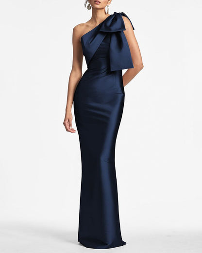 Satin One-Shoulder Column Formal Dress with Elegant Bow