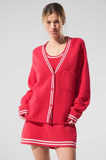 Tennis Club Sweater Knit Cardigan - Candy Red/White