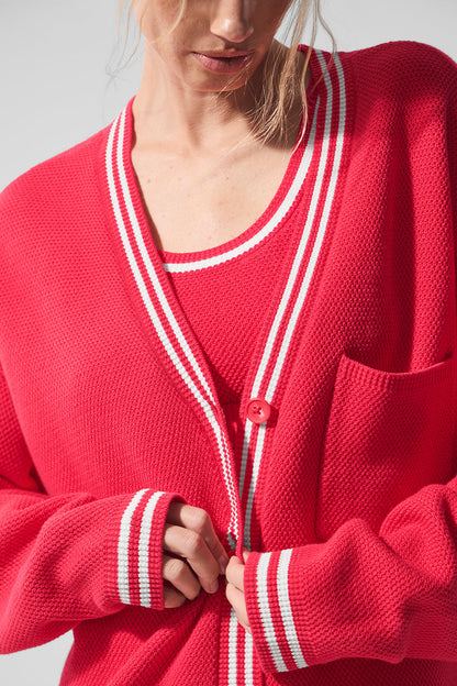 Tennis Club Sweater Knit Cardigan - Candy Red/White