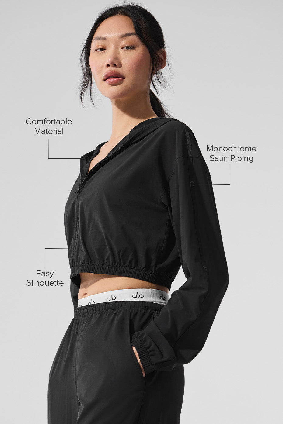 Cropped Breezy Full-Zip Hoodie - Black