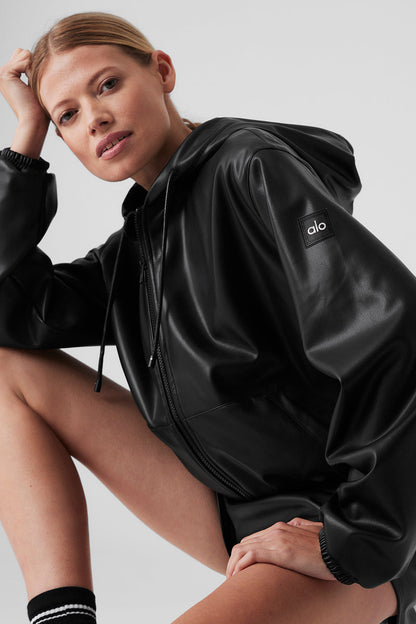 Faux Leather Power Hour Full Zip Cropped Jacket - Black
