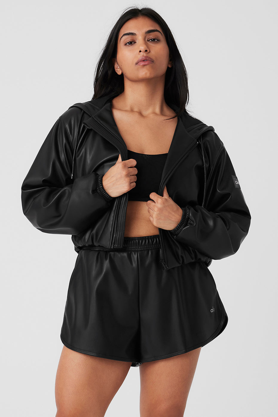 Faux Leather Power Hour Full Zip Cropped Jacket - Black