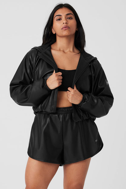 Faux Leather Power Hour Full Zip Cropped Jacket - Black