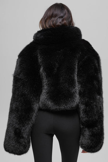Opulent Faux Fur Cropped Jacket - Black