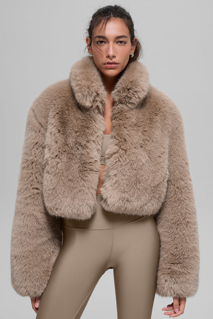 Opulent Faux Fur Cropped Jacket - Oat