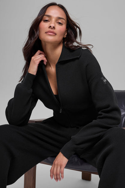 Scholar Knit Cropped Full Zip Jacket - Black