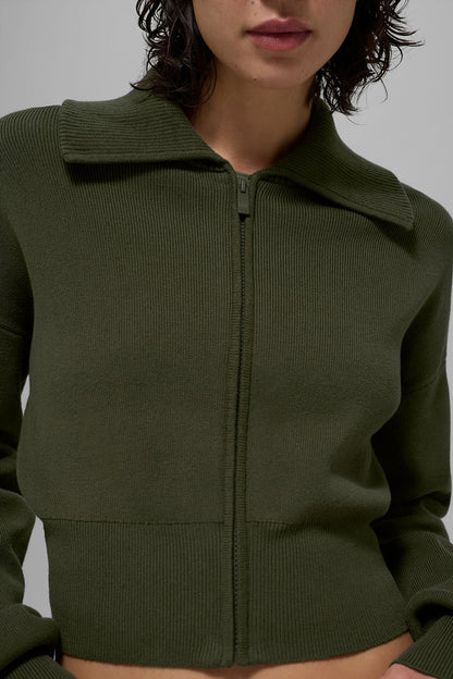 Scholar Knit Cropped Full Zip Jacket - Green Olive