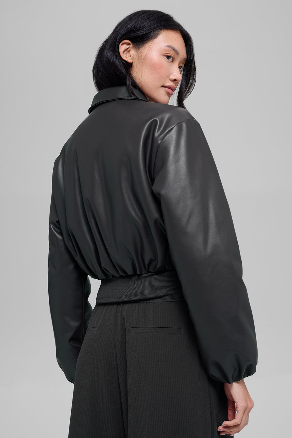 Faux Leather Cropped Premier Bomber - Black
