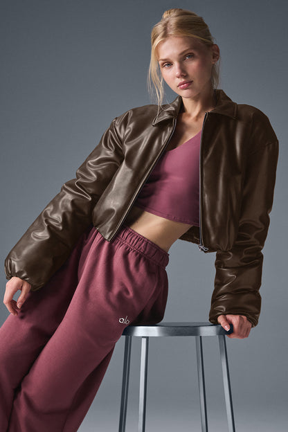 Faux Leather Cropped Premier Bomber - Espresso