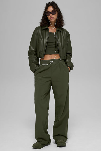 Faux Leather Cropped Premier Bomber - Green Olive