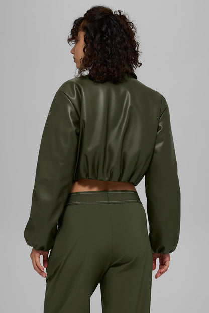 Faux Leather Cropped Premier Bomber - Green Olive