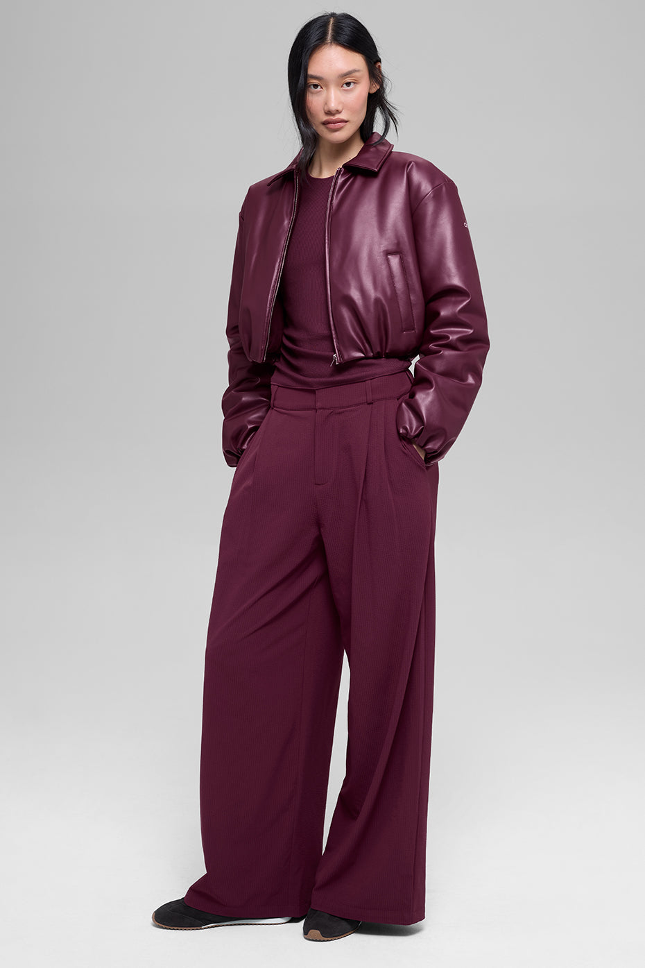 Faux Leather Cropped Premier Bomber - Burgundy