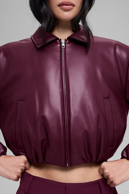 Faux Leather Cropped Premier Bomber - Burgundy