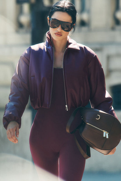 Faux Leather Cropped Premier Bomber - Burgundy