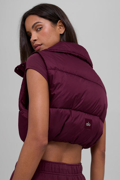 Cropped Gold Rush Puffer Vest - Burgundy