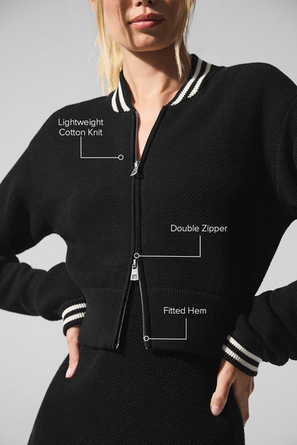 Tennis Club Sweater Knit Full Zip Jacket - Black/Ivory