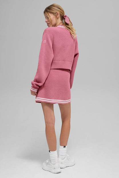 Tennis Club Sweater Knit Full Zip Jacket - Pink Wild Rose/White