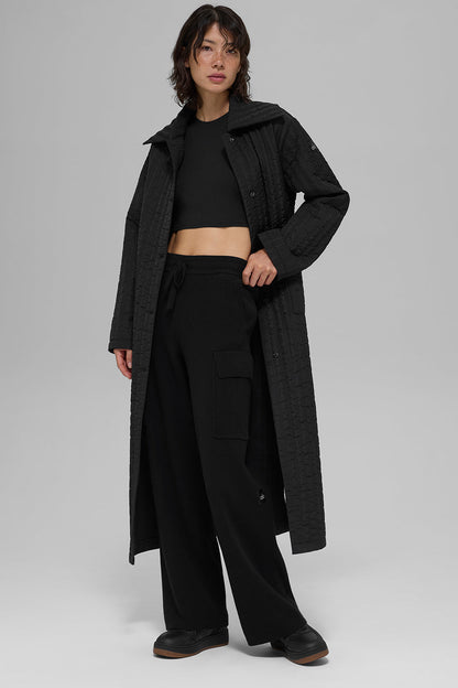 Quilted Skyline Long Coat - Black