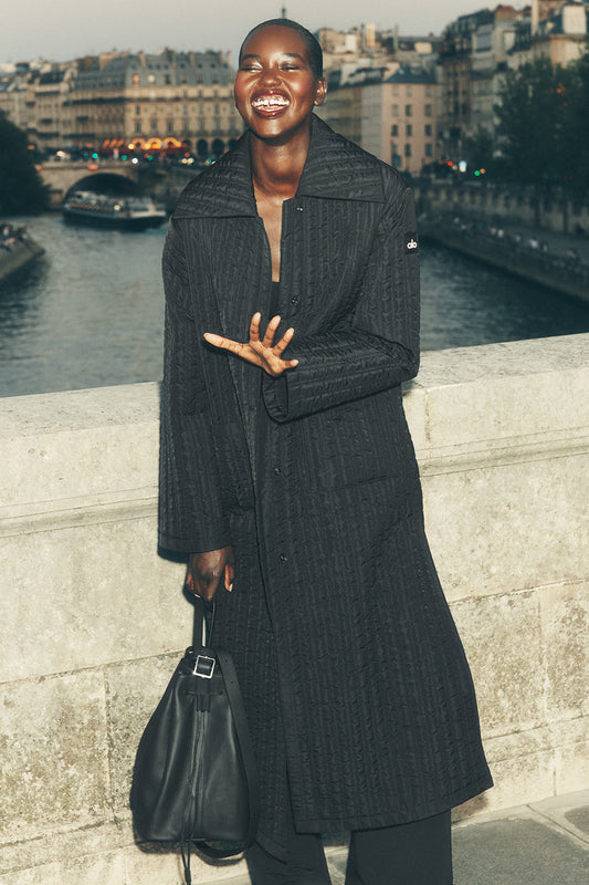Quilted Skyline Long Coat - Black