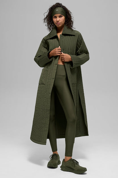 Quilted Skyline Long Coat - Green Olive