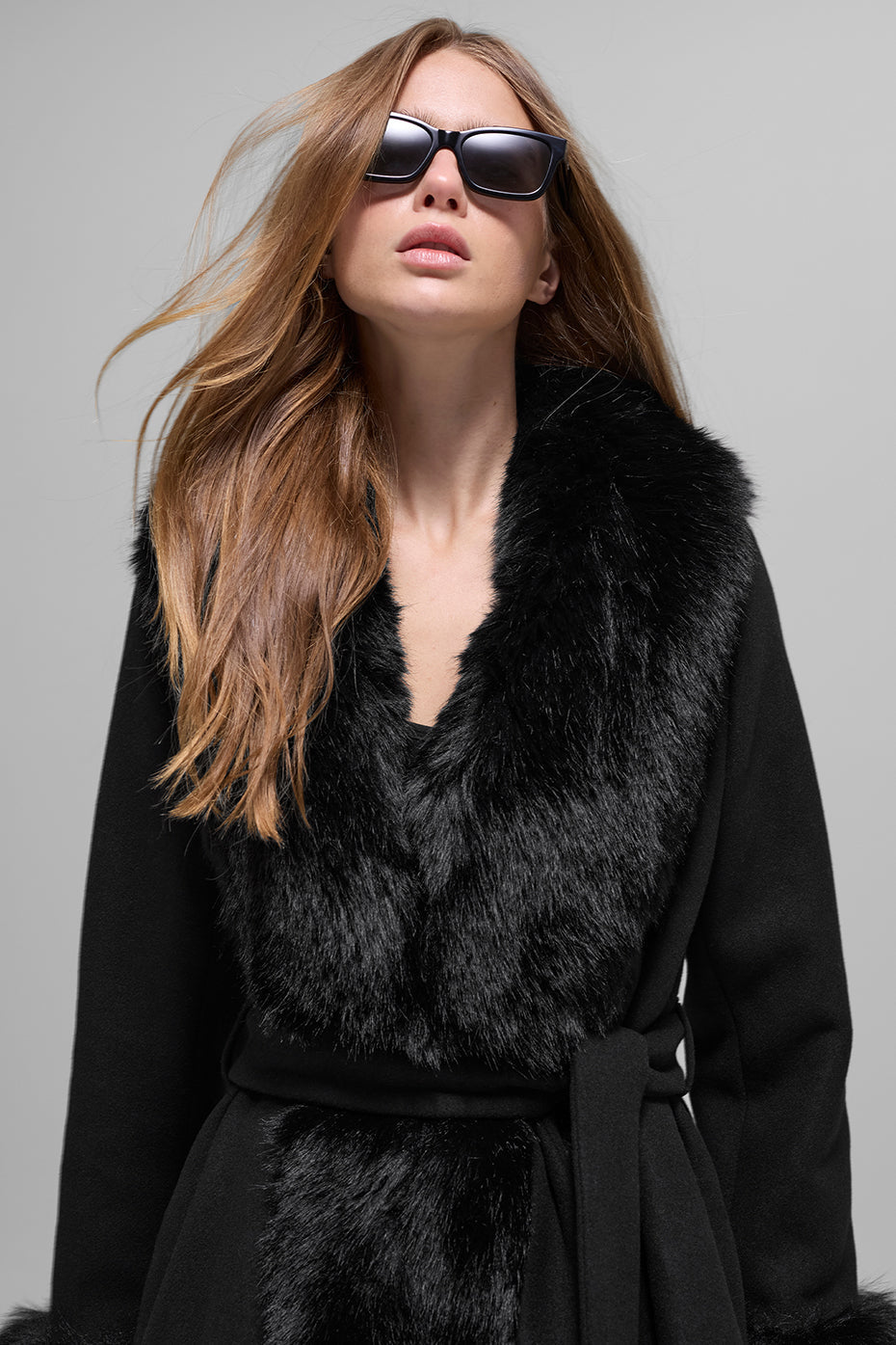 Faux Fur Trimmed Longline Coat - Black