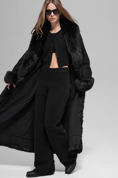 Faux Fur Trimmed Longline Coat - Black