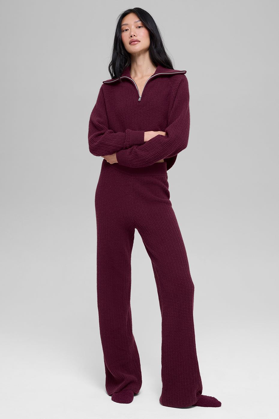 Cashmere High-Waist Plush Waffle Pant - Burgundy