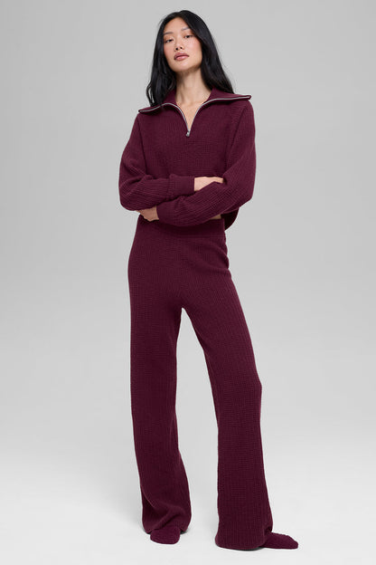 Cashmere High-Waist Plush Waffle Pant - Burgundy