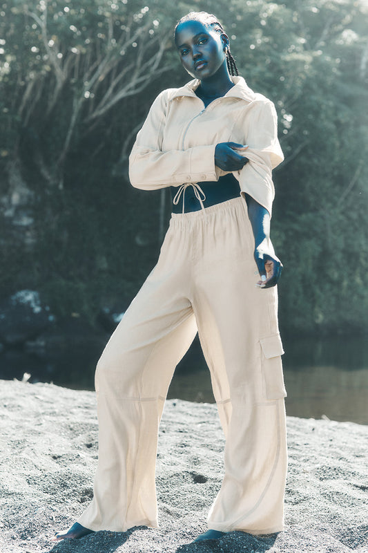 Linen Getaway Cargo Wide Leg Pant - Macadamia