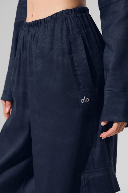 Linen Getaway Cargo Wide Leg Pant - Navy