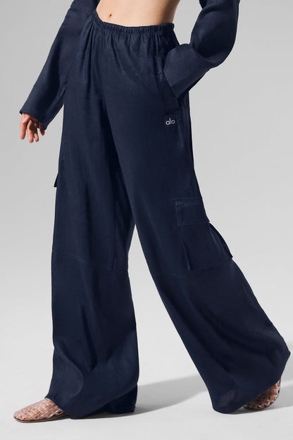 Linen Getaway Cargo Wide Leg Pant - Navy