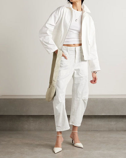 Cotton-blend twill Mid-Rise barrel-leg pants