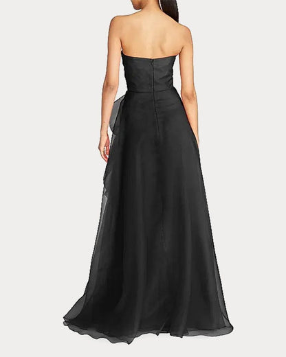 Draped Tulle Gown Evening Dress with Organza Ruffle