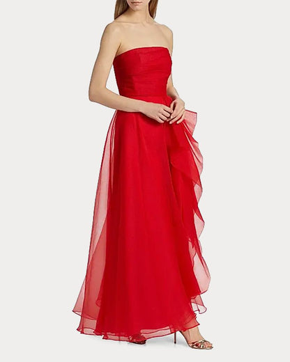 Draped Tulle Gown Evening Dress with Organza Ruffle