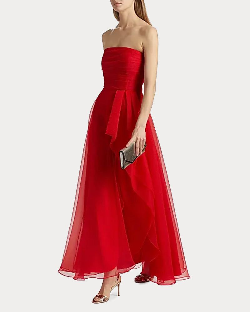 Draped Tulle Gown Evening Dress with Organza Ruffle