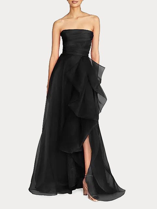 Draped Tulle Gown Evening Dress with Organza Ruffle