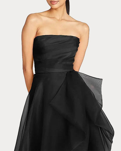 Draped Tulle Gown Evening Dress with Organza Ruffle