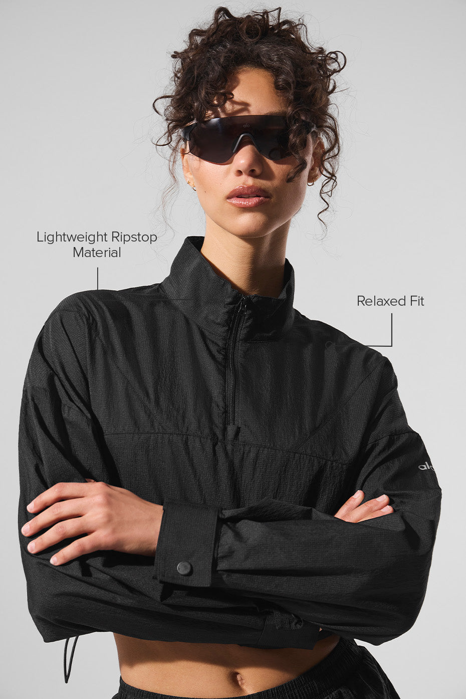 Cropped 1/4 Zip Aerial Pullover - Black
